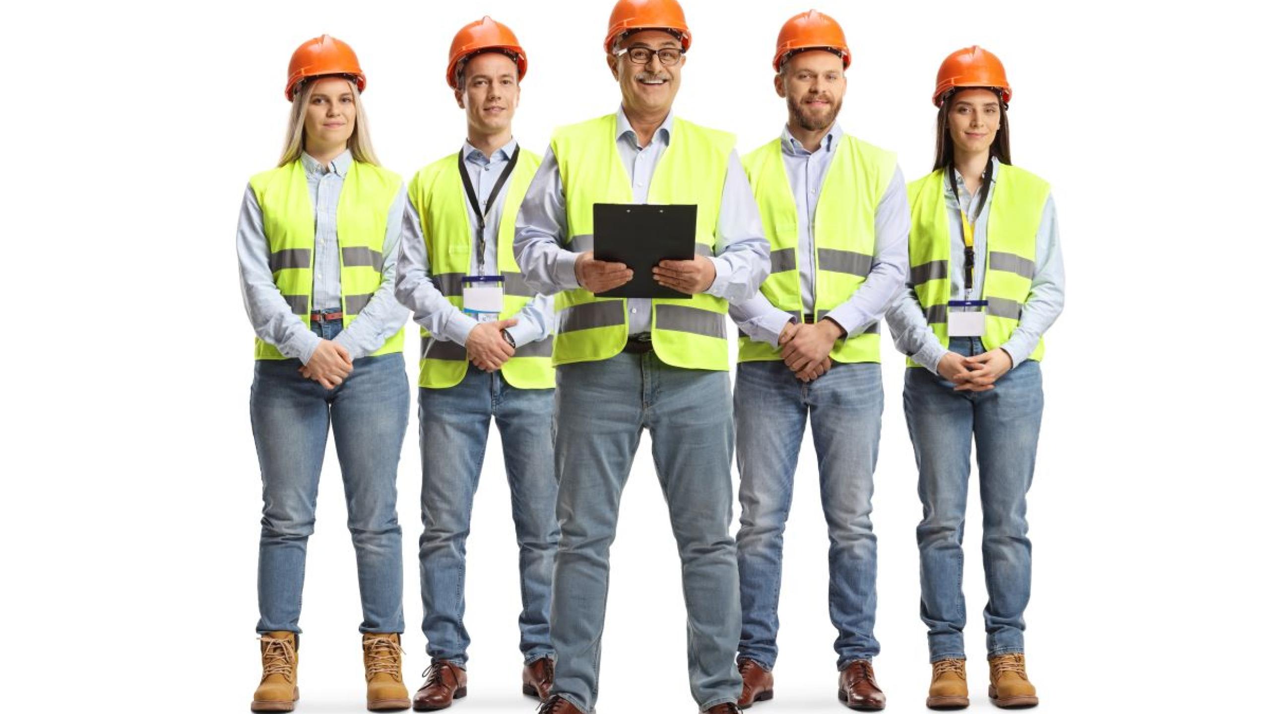 Gevarieerde groep van 5 bouwprofessionals met fluohesjes.